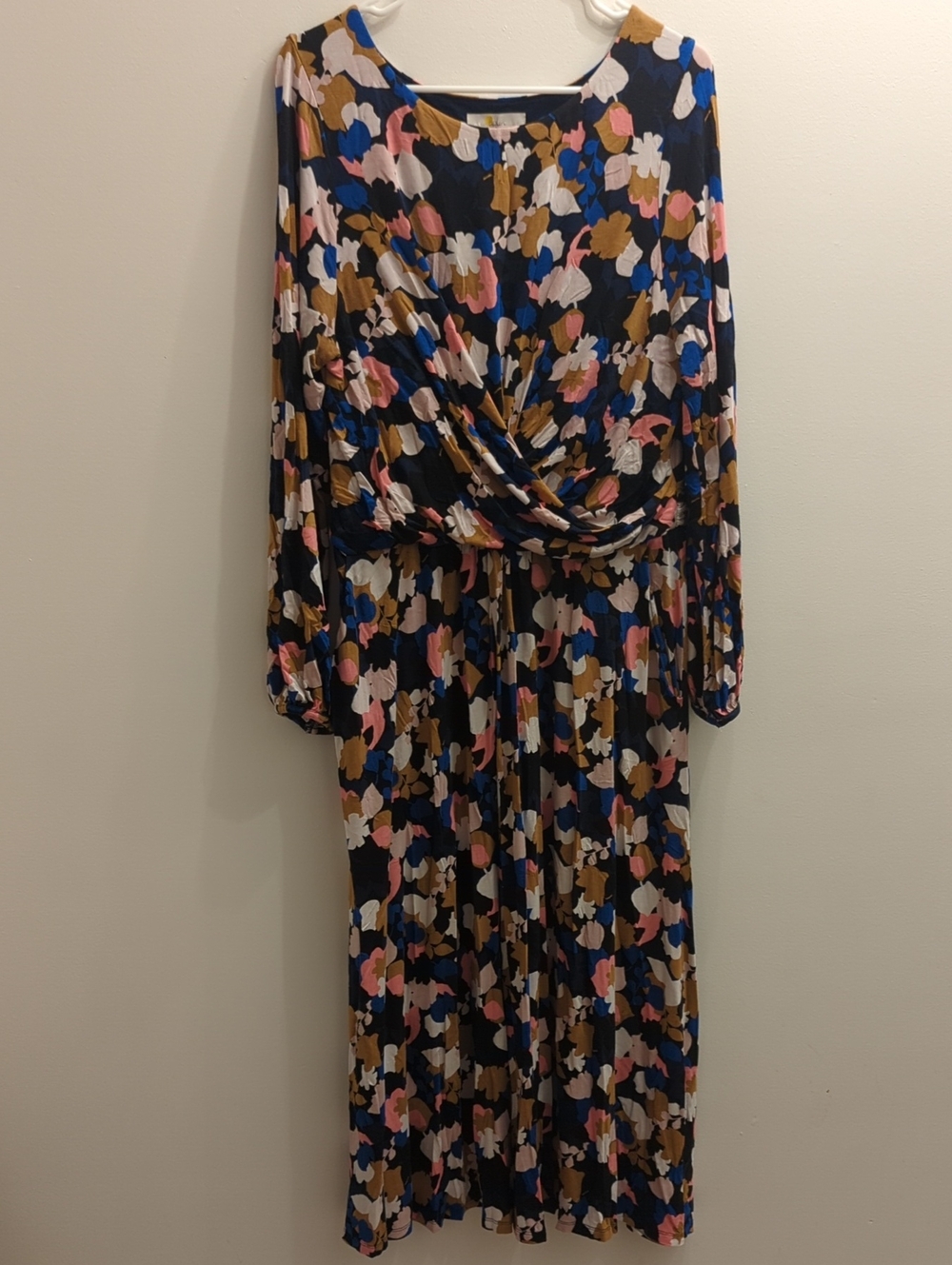 Boden Floral Print Long Sleeve Maxi Dress in Navy, Pink & Tan, US 16/18R